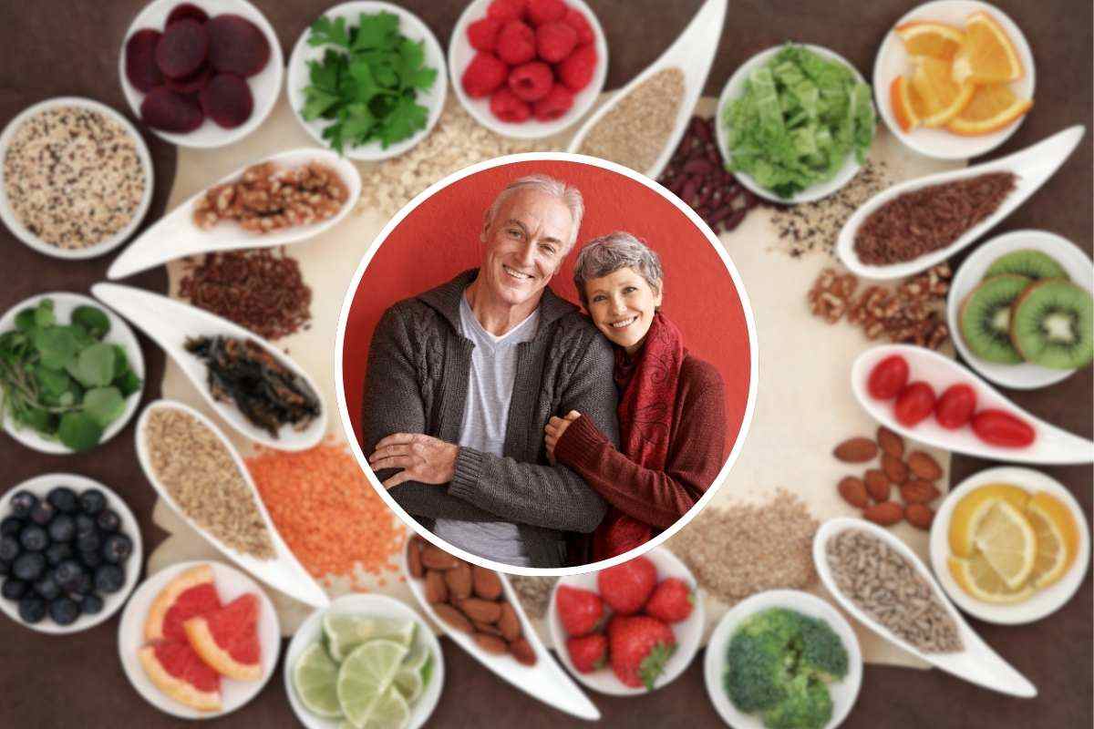 alimenti vari e donna e uomo nel riquadro al centro