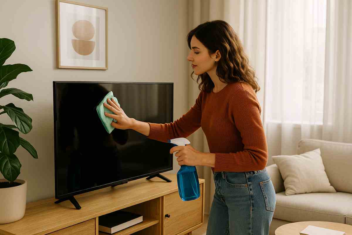 donna che pulisce la tv del salotto