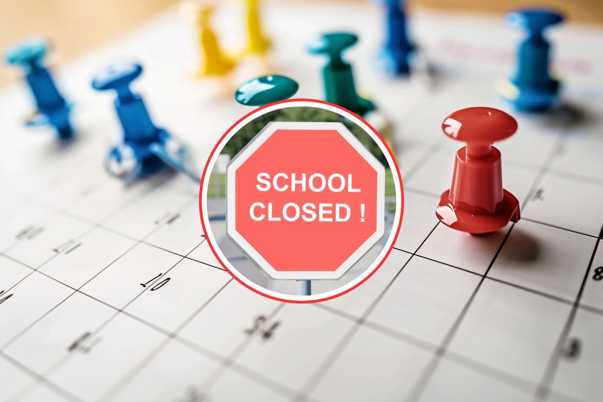 calendario come sfondo e in primo piano un cartello che indica scuola chiusa