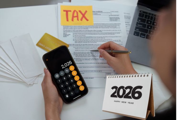 la parola tasse ed una persona che lavora con la calcolatrice e il computer