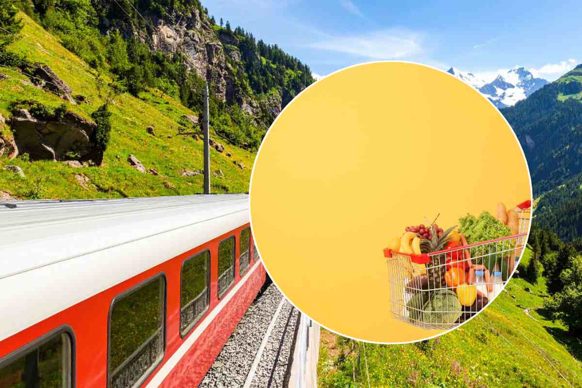 collage treno svizera e carrello della spesa