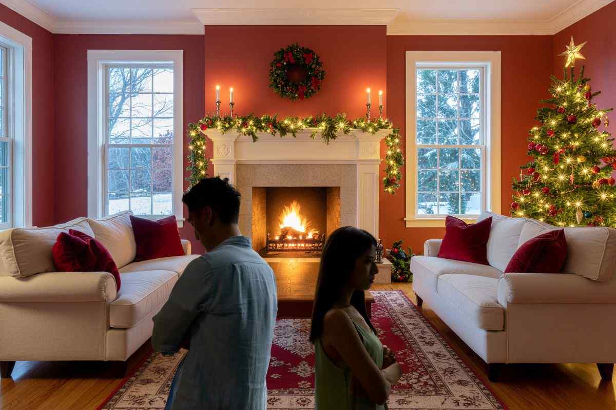 casa con addobbi natalizi e una coppia che ha litigato