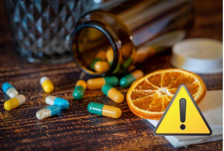 un tavolo con sopra delle pillole e un simbolo dell'attenzione