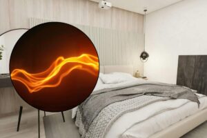camera da letto e cerchio con simbolo del calore